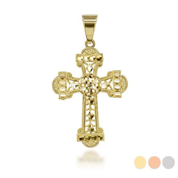 14K Solid Gold Sparkle Cut Filigree Ornate Cross Pendant - Yellow, Rose, White